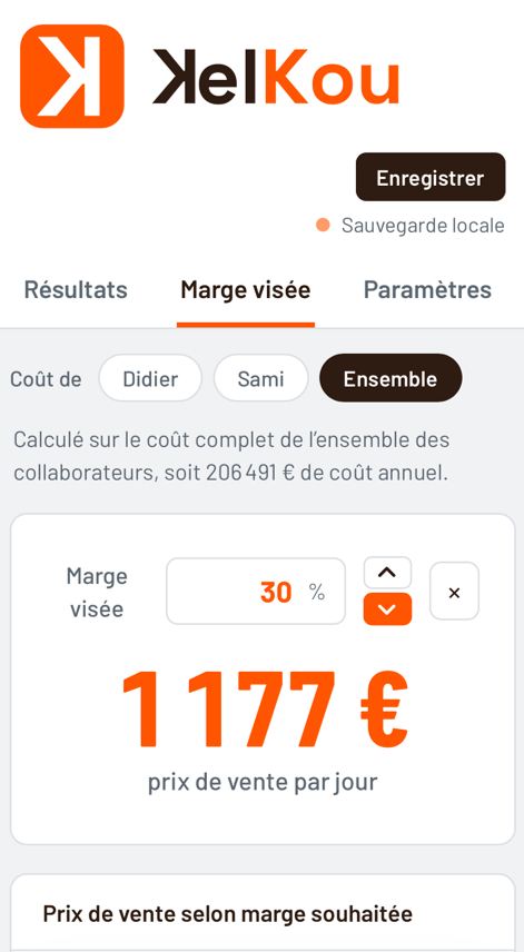 Écran KelKou : onglet Marge visée avec le prix de vente par jour