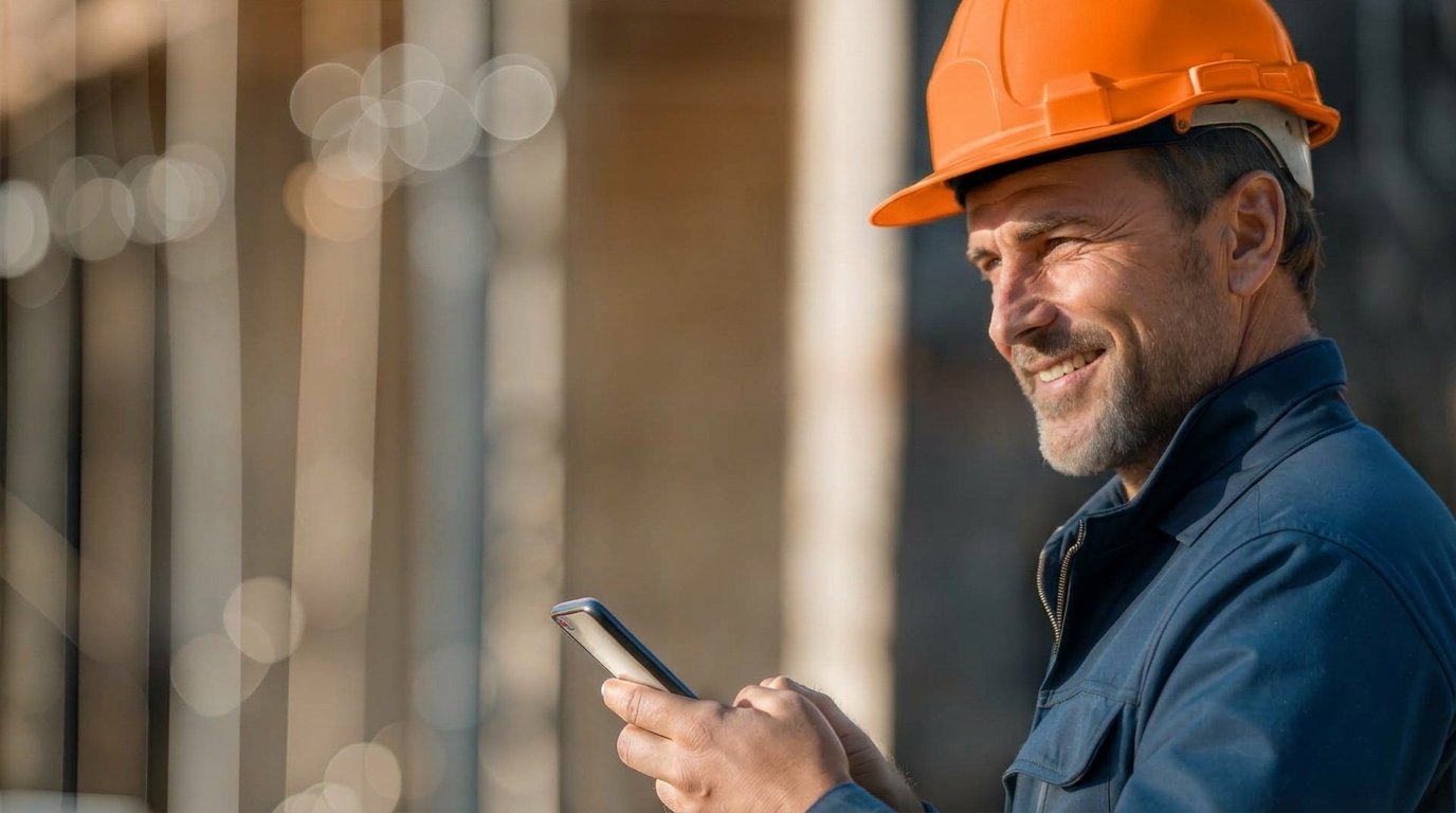 Artisan avec casque de chantier orange consultant son smartphone